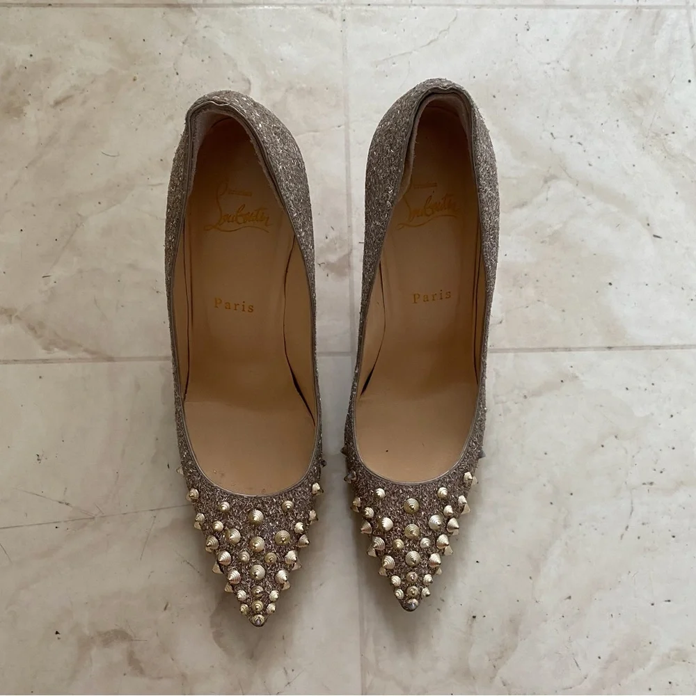 Christian Louboutin Silver Glitter Gold Spikes Pointed Toe Pumps Heels 7.5/37.5